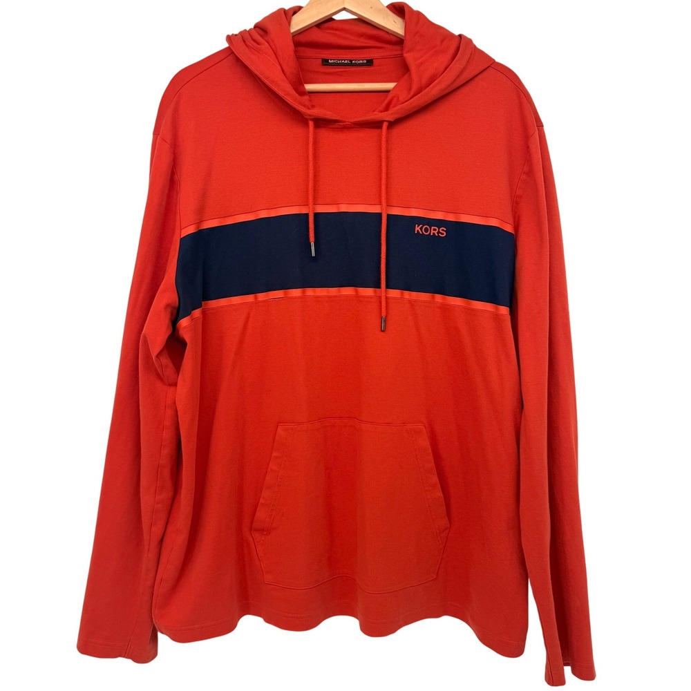 Michael Kors Mens XL Orange Navy Stripe Logo Lightweight Hooded T-Shirt‎ Hoodie